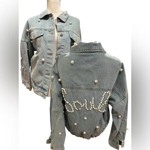 “Soul” Upcycled Pearl Embellished Denim Jacket Sz L